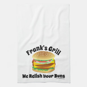 We Relish Your Buns Custom Cheeseburger Kitchen Tea Towel