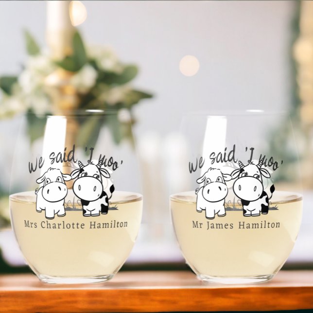 We Said I Moo Cow Themed Wedding Stemless Wine Glass (We Said I Moo Cow Themed Wedding Stemless Wine Glasses from Ricaso. Personalized with names)