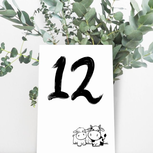 We Said I Moo Minimalist Wedding Table Number (We Said I Moo Minimalist Wedding Table Numbers from Ricaso. Whimsical cow couple seating indicator)