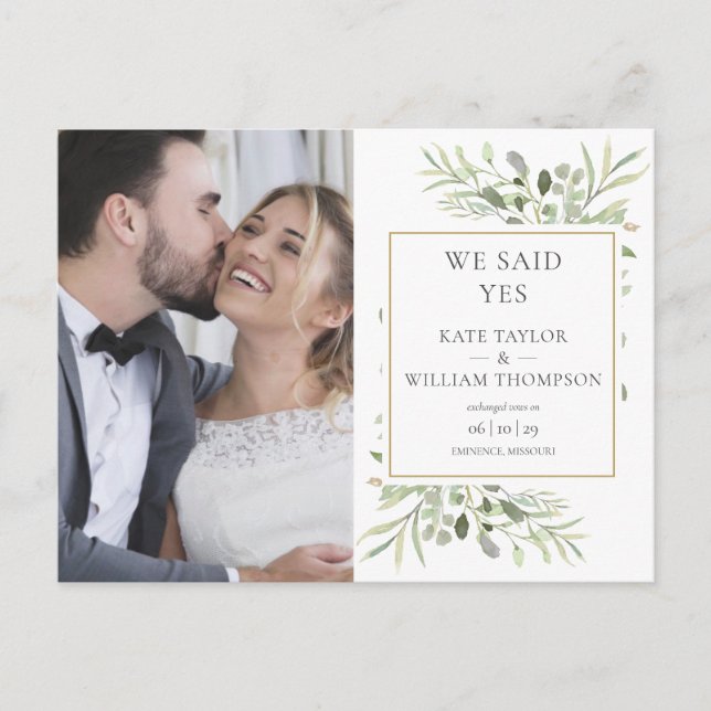 We Said Yes Greenery Elopement Photo Wedding Announcement Postcard (Front)