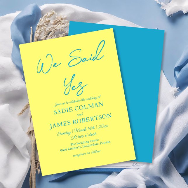 We Said Yes Modern Blue and Yellow Wedding Invitation (Creator Uploaded)
