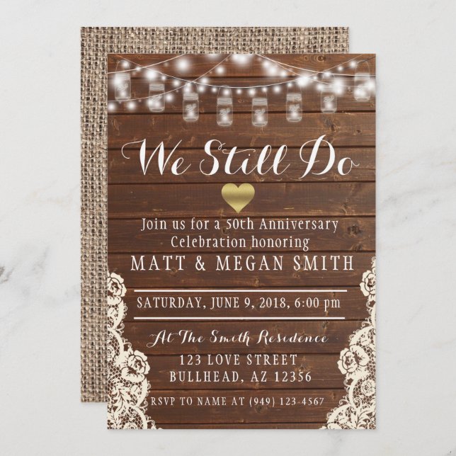 We Still Do Any Year Wood String Lights Burlap Invitation (Front/Back)