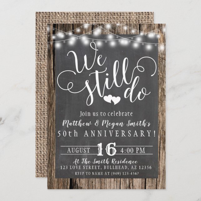 We Still Do Any Year Wood String Lights Burlap Invitation (Front/Back)