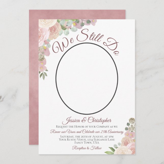 We Still Do Blush Pink Floral & Photo Vow Renewal Invitation (Front/Back)