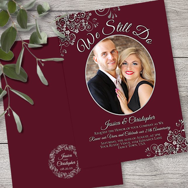 We Still Do Burgundy & Silver Wedding Vow Renewal Invitation (Front/Back)
