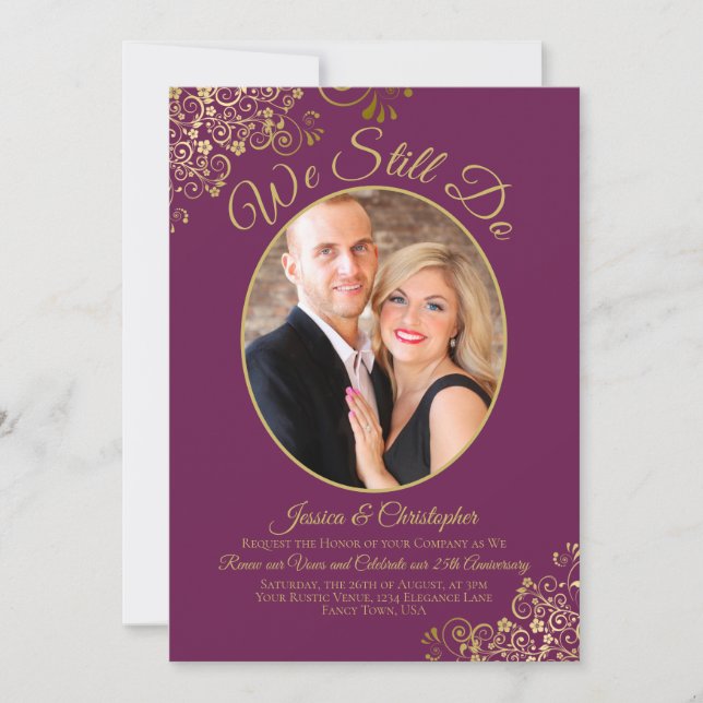 We Still Do Cassis Purple Gold Wedding Vow Renewal Invitation (Front)