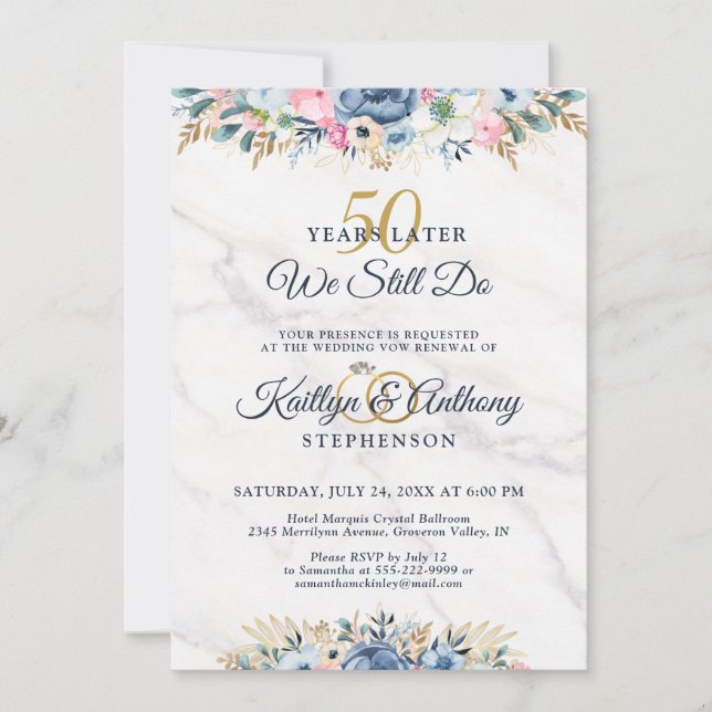 WE STILL DO Elegant Floral Gold Navy Vow Renewal Invitation (Front)