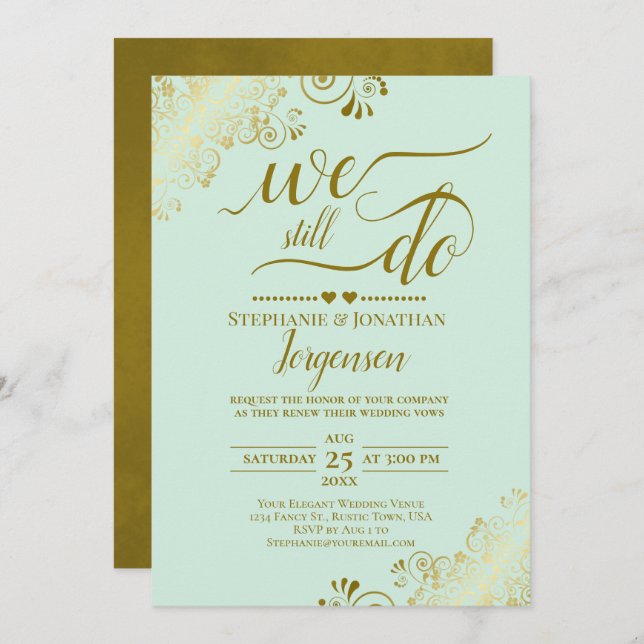 We Still Do Elegant Mint Green & Gold Vow Renewal Invitation (Front/Back)