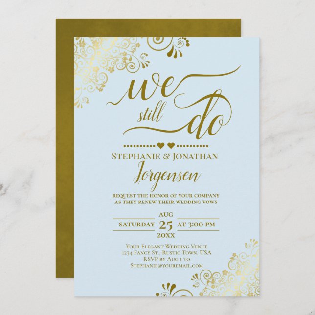 We Still Do Elegant Pale Blue & Gold Vow Renewal Invitation (Front/Back)