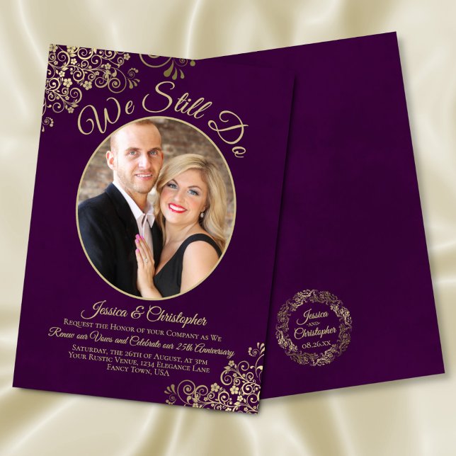 We Still Do Gold Curls on Plum Wedding Vow Renewal Invitation (Front/Back)