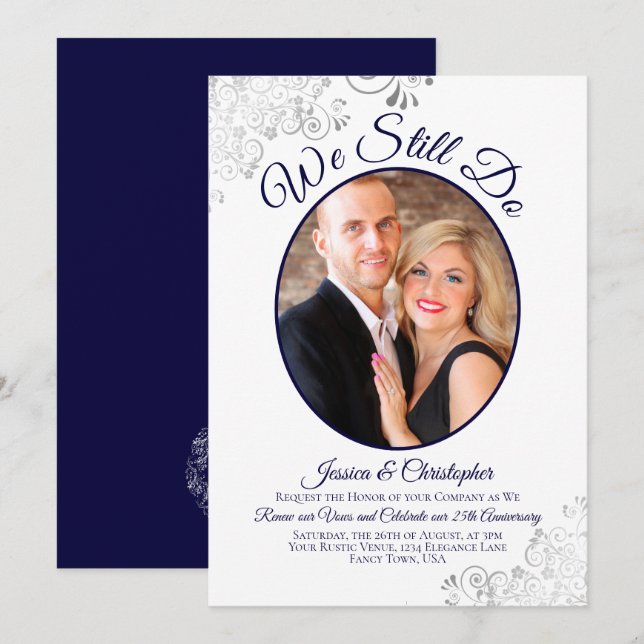 We Still Do Navy Blue on White Wedding Vow Renewal Invitation (Front/Back)