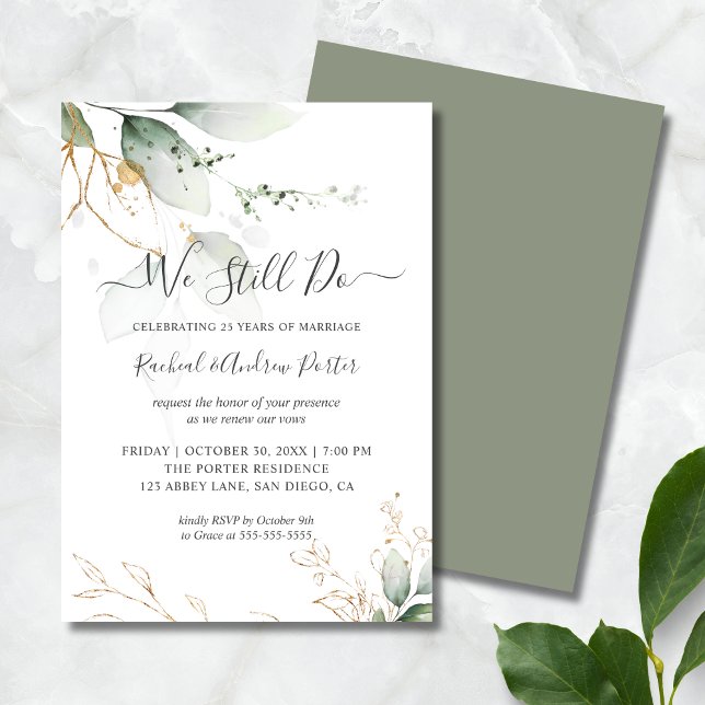 We Still Do Vow Renewal Anniversary Green Gold Invitation ("We Still Do" Wedding Anniversary Invitation)
