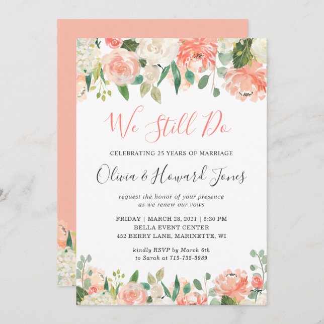 We Still Do Vow Renewal Coral Peach Garden Floral Invitation (Front/Back)
