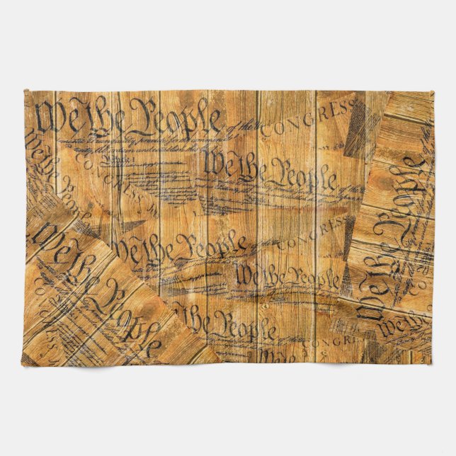 We The People American Constitution Rustic Wood Tea Towel (Horizontal)