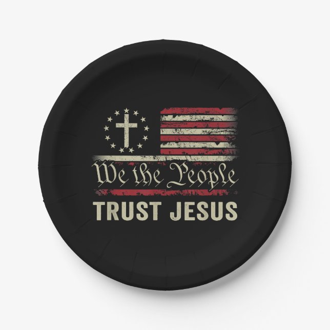 We The People Trust Jesus - USA Flag Christian Pat Paper Plate (Front)