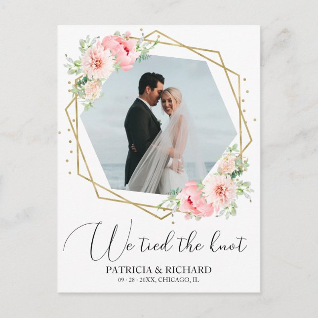 We Tied The Knot Blush Floral Eloped Announcement Postcard (Front)