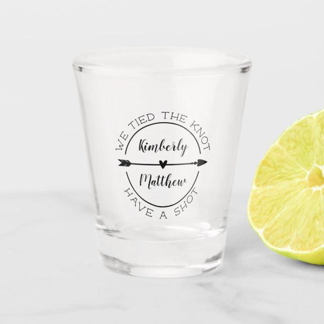 We Tied the Knot Charming Heart Arrow Wedding Shot Glass (Front)