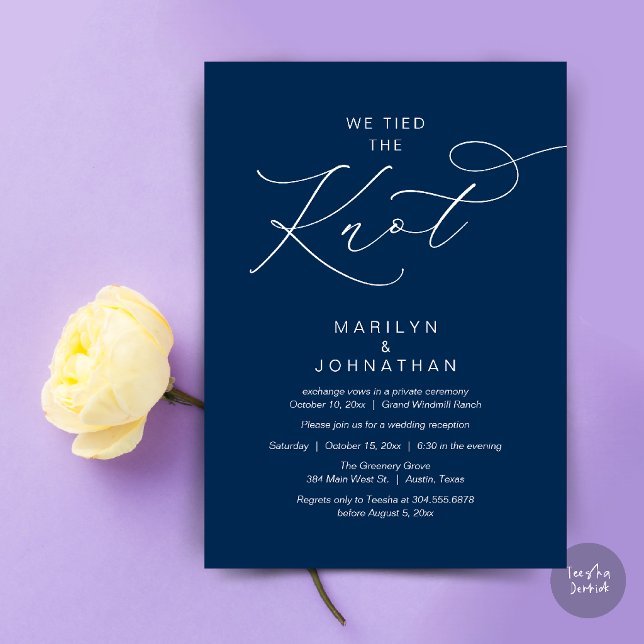 We tied the knot, Elopement Reception Dinner Invitation (We tied the knot, Romantic Wedding Elopement Reception Dinner Invitation Card in Navy Blue)