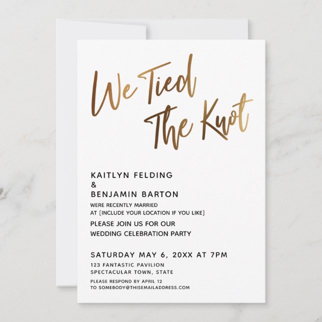 We Tied the Knot Gold Handwriting Simple Invitation (Front)