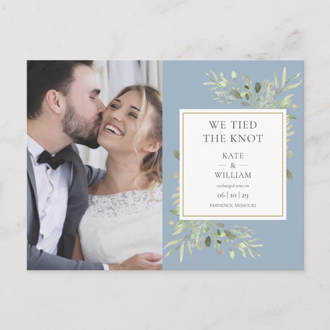 We Tied The Knot Greenery Dusty Blue Photo Wedding Announcement Postcard (Front)
