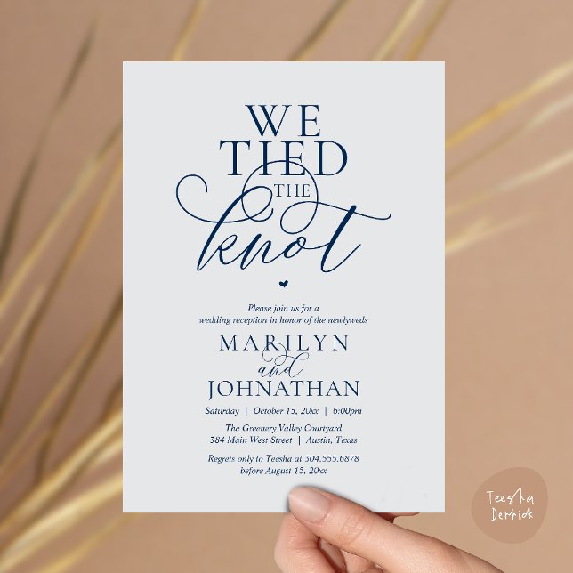 We Tied The Knot, Modern Classy Wedding Reception Invitation (We Tied The Knot, Modern Classy Wedding Reception Dinner brunch Invitation Card in Navy Blue  Grey)