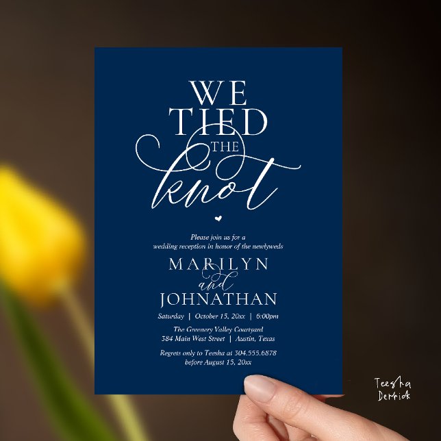 We Tied The Knot, Modern Classy Wedding Reception Invitation (We Tied The Knot, Modern Classy Wedding Reception Dinner brunch Invitation Card in Navy Blue )