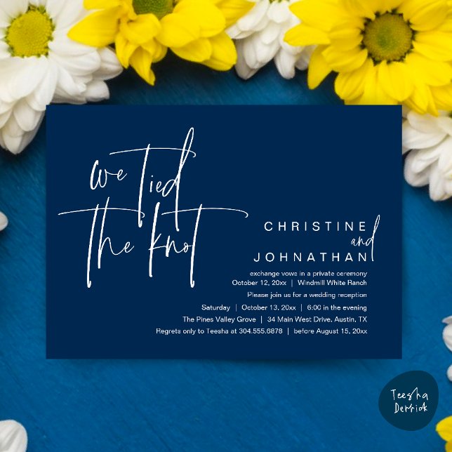 We tied the knot, Modern wedding reception Invitation (We tied the knot, Modern wedding reception dinner party Invitation card in classy navy blue)