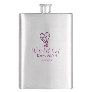 We tied the knot pink heart knots name date romant hip flask