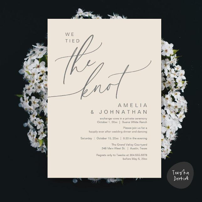 We tied the knot, Romantic Wedding Dinner Party Invitation (We tied the knot, Romantic Wedding Dinner Lunch Brunch Party Reception Invites Card PDF Cream Grey)