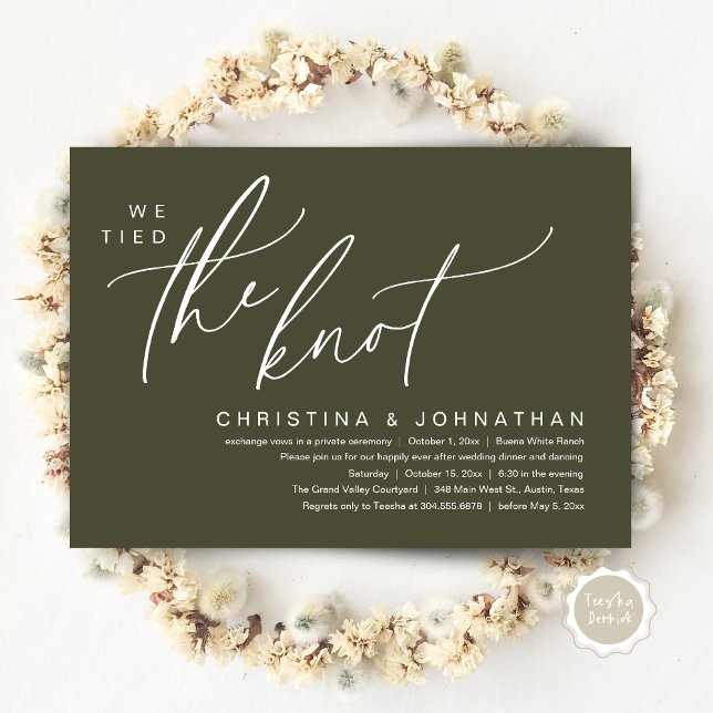 We Tied The Knot Romantic Wedding Elopement Dinner Invitation (We tied the knot, Romantic Wedding Dinner Lunch Brunch Party Reception Invites Card PDF Olive Green)