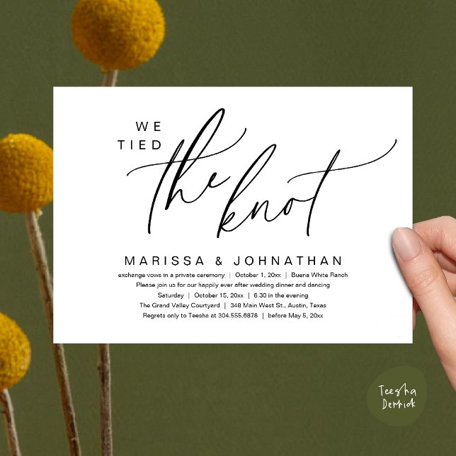 We Tied The Knot Romantic Wedding Elopement Dinner Invitation (We tied the knot, Romantic Wedding Dinner Lunch Brunch Party Reception Invites Card PDF White Black)