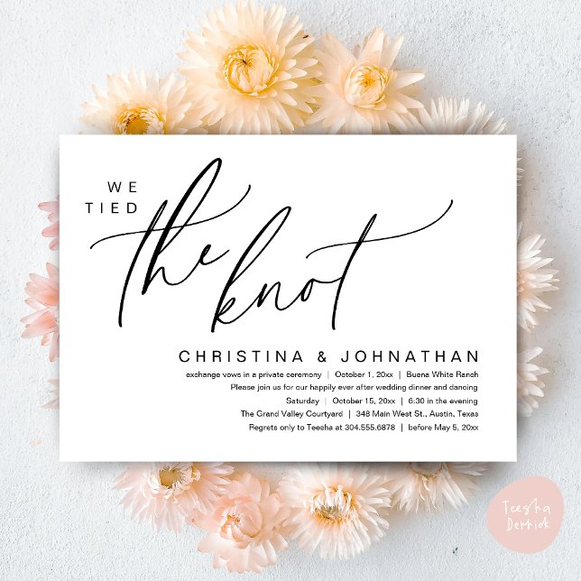 We Tied The Knot Romantic Wedding Elopement Dinner Invitation (We tied the knot, Romantic Wedding Dinner Lunch Brunch Party Reception Invites Card PDF White Black)