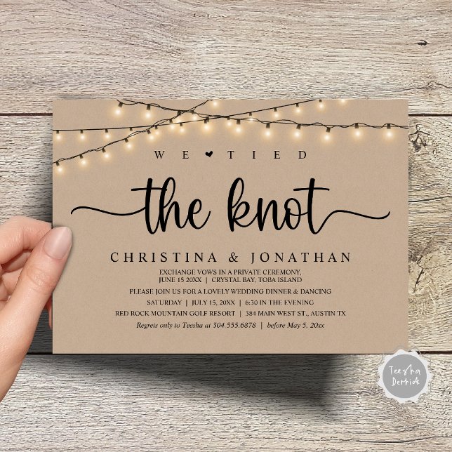 We Tied The Knot, Rustic Wedding Dinner Elopement Invitation (We Tied The Knot, Rustic Wedding Dinner Elopement Invitation Card, PDF, String Lights Brown Kraft)
