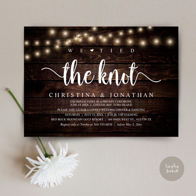 We Tied The Knot, Rustic Wedding Dinner Elopement Invitation (We Tied The Knot, Rustic Wedding Dinner Elopement Invitation card, pdf, in cottage dark wood)