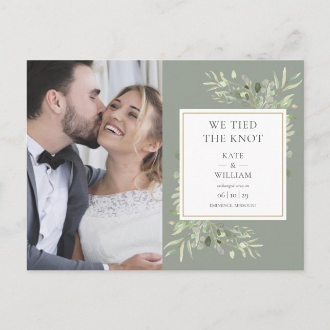We Tied The Knot Sage Greenery Photo Wedding Announcement Postcard (Front)