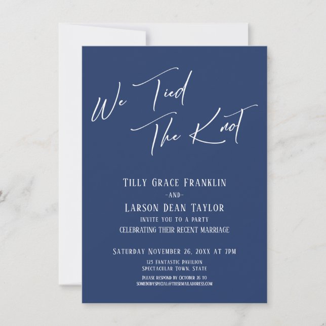 We Tied the Knot Simple Elegant Typography Navy Invitation (Front)