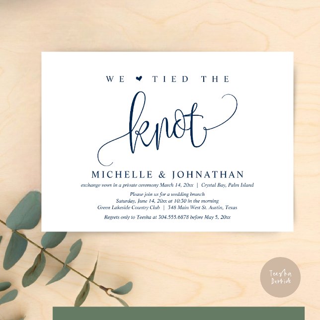 We Tied The Knot, Wedding Elopement Celebration Invitation (We tied the knot, modern wedding elopement dinner party invitation card, PDF, in Navy Blue)