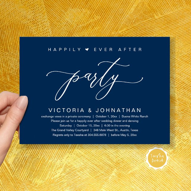 We Tied The Knot, Wedding Elopement Dinner Party Invitation (Happily Ever After Party Wedding Elopement Dinner Invitation Card PDF Classy Navy Blue)