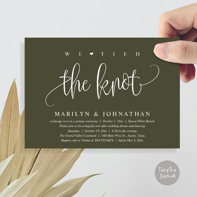 We Tied The Knot, Wedding Elopement Dinner Party Invitation (We Tied The Knot, Modern Wedding Elopement Dinner Party Invitation Card PDF Classy Olive Green)