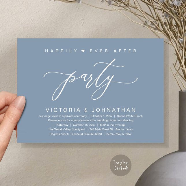 We Tied The Knot, Wedding Elopement Dinner Party Invitation (Happily Ever After Party Wedding Elopement Dinner Invitation Card PDF Romantic Dusty Blue)