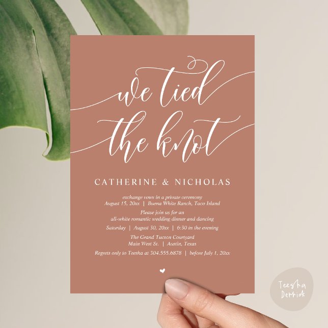 We tied the knot, Wedding Elopement Dinner Party Invitation (We tied the knot, Modern Wedding Elopement Dinner Party Wine Invitation Card PDF Rustic Earthy Brown)