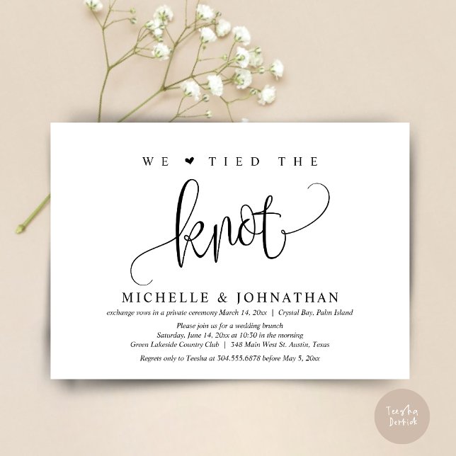 We Tied The Knot, Wedding Elopement Party  Invitat Invitation (We tied the knot, modern wedding elopement dinner party invitation card, PDF, in Black and White)