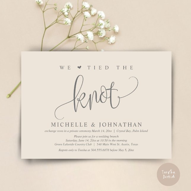 We Tied The Knot, Wedding Elopement Party  Invitat Invitation (We tied the knot, modern wedding elopement dinner party invitation card, PDF, in Cream Grey)