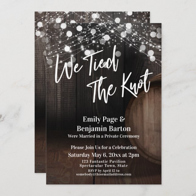 We Tied the Knot Wine Barrel and Lights Invitation (Front/Back)
