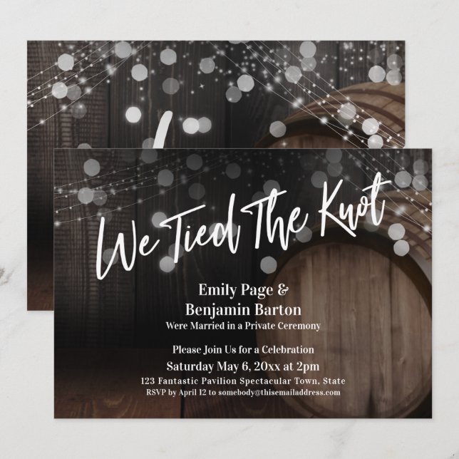 We Tied the Knot Wood Barrel & Lights Invitation (Front/Back)