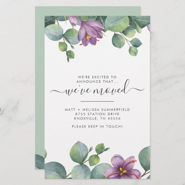 We’ve Moved Address Eucalyptus Purple Green Moving Stationery (Front/Back)