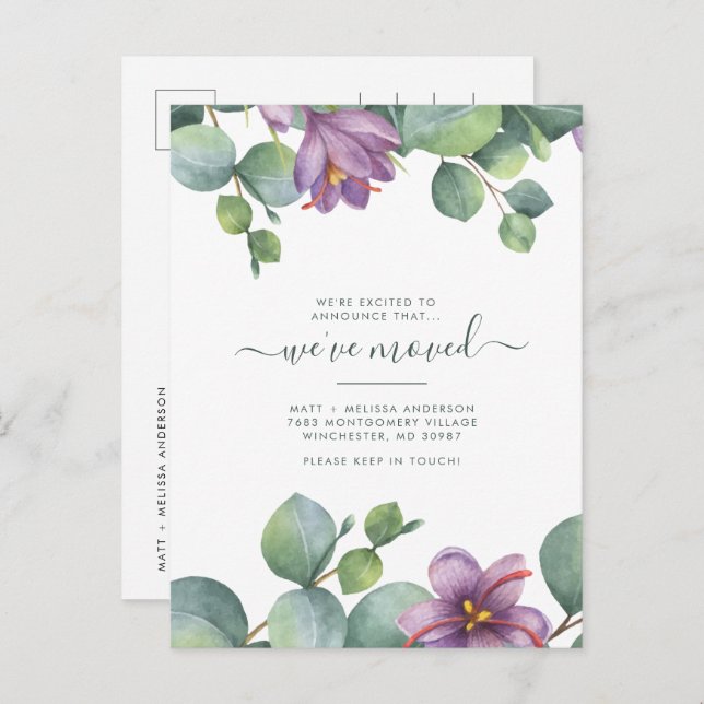 We’ve Moved Eucalyptus Purple Foliage Moving Postcard (Front/Back)