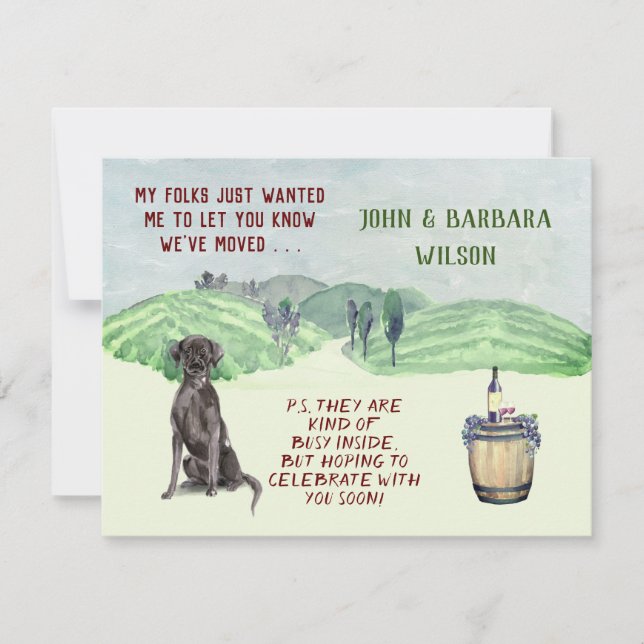 WE’VE MOVED FUN FAMILY DOG BUDGET MOVE  ANNOUNCEMENT (Front)