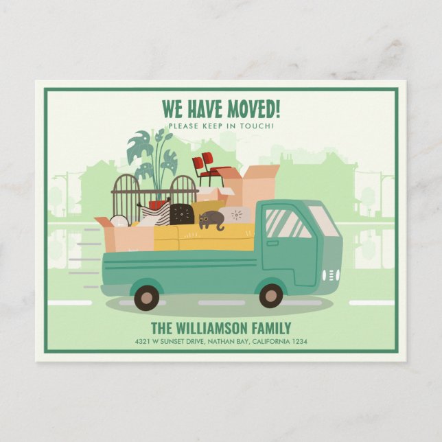 We’ve Moved Green Truck On The Road Moving Announcement Postcard (Front)