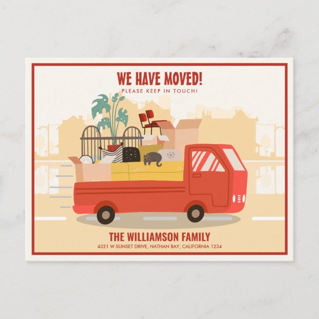 We’ve Moved Red Truck On The Road Moving Announcement Postcard (Front)